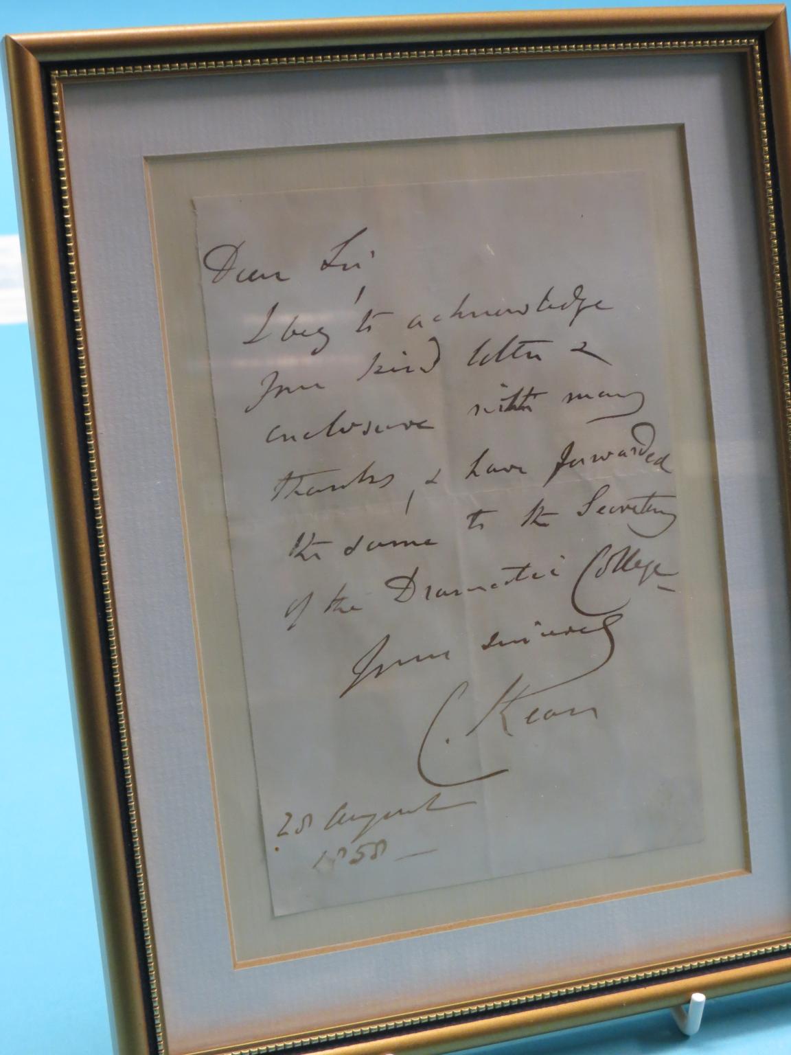 Appraisal: Charles Kean - signed letter th August mounted within frame