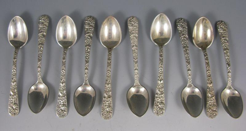 Appraisal: Kirk Sterling Repousse Demitasse Spoons Each with engraved script monogram