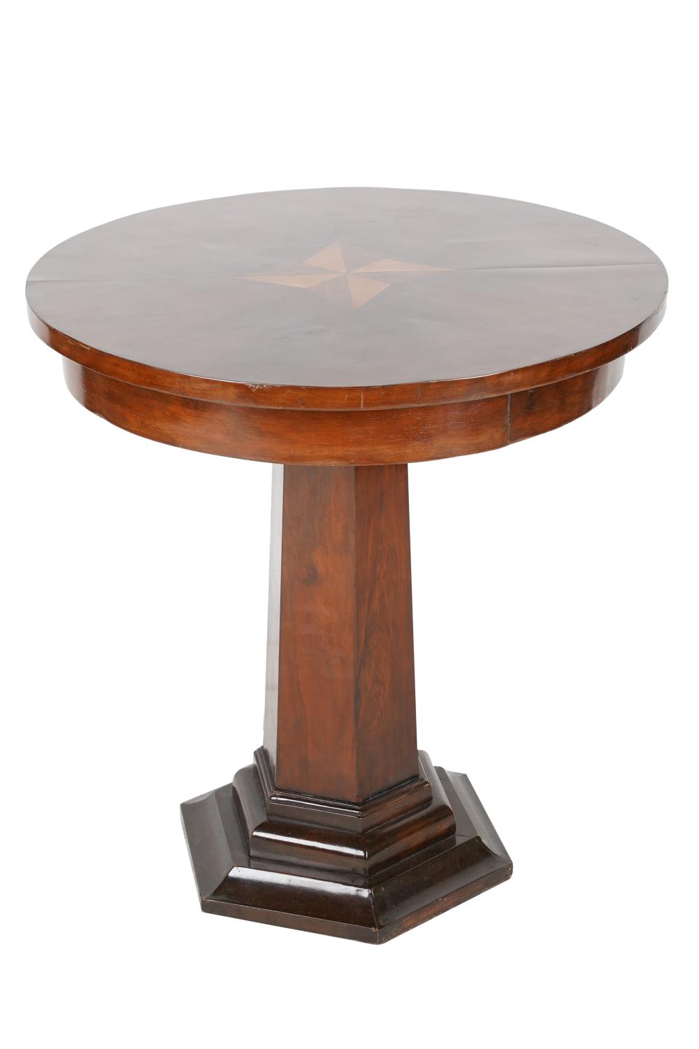 Appraisal: INLAID MAHOGANY PEDESTAL SIDE TABLEround with central four-pointed star motif