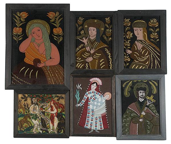 Appraisal: SIX POLISH REVERSE GLASS PAINTINGS OF RELIGIOUS SUBJECT MATTER a