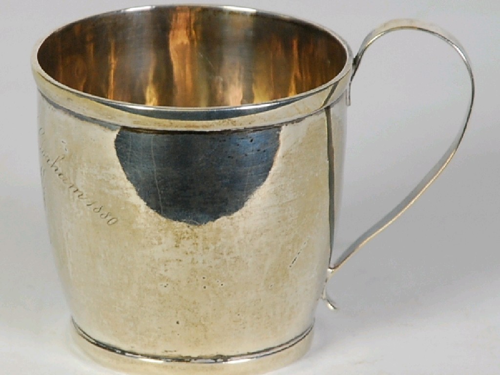 Appraisal: AN EARLY NINETEENTH CENTURY AMERICAN SILVER MUG of plain ovoid