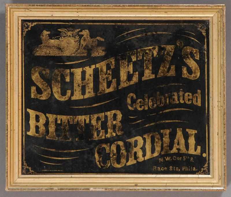 Appraisal: FRAMED ADVERTISING SIGN GILT LETTERING ON BLACK CARDBOARD FOR ''SCHEETZ'S