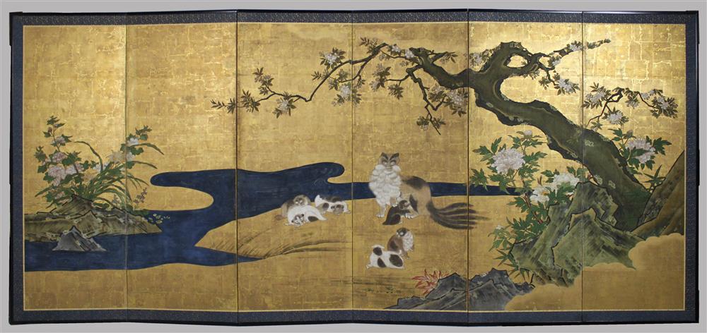 Appraisal: PAIR OF JAPANESE KANO SCHOOL SIX-PANEL SCREENS EDO PERIOD TH