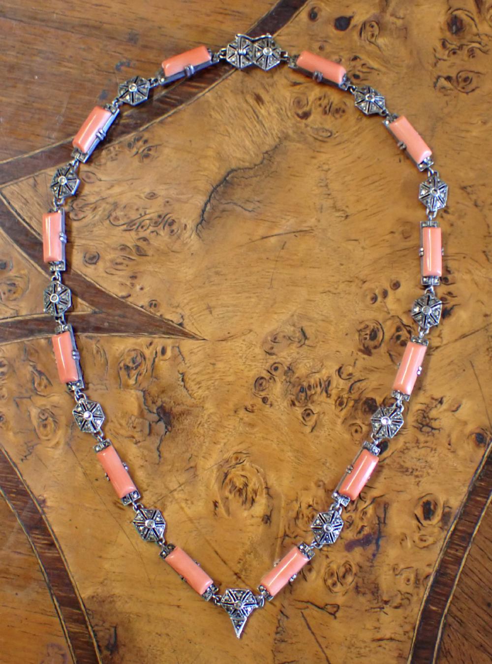 Appraisal: ANTIQUE CORAL AND MARCASITE NECKLACE The - sterling silver necklace