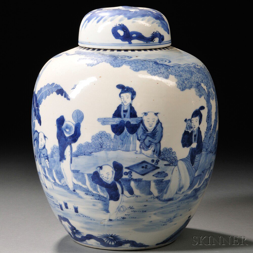 Appraisal: Blue and White Covered Jar China th century or later