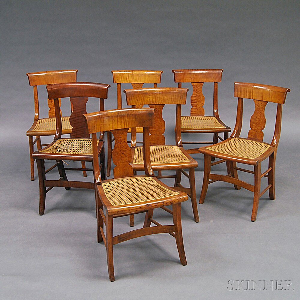 Appraisal: Assembled Set of Seven Empire Tiger Maple Side Chairs the