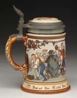 Appraisal: METTLACH STEIN Beautiful Mettlach stein is colorfully decorated with a