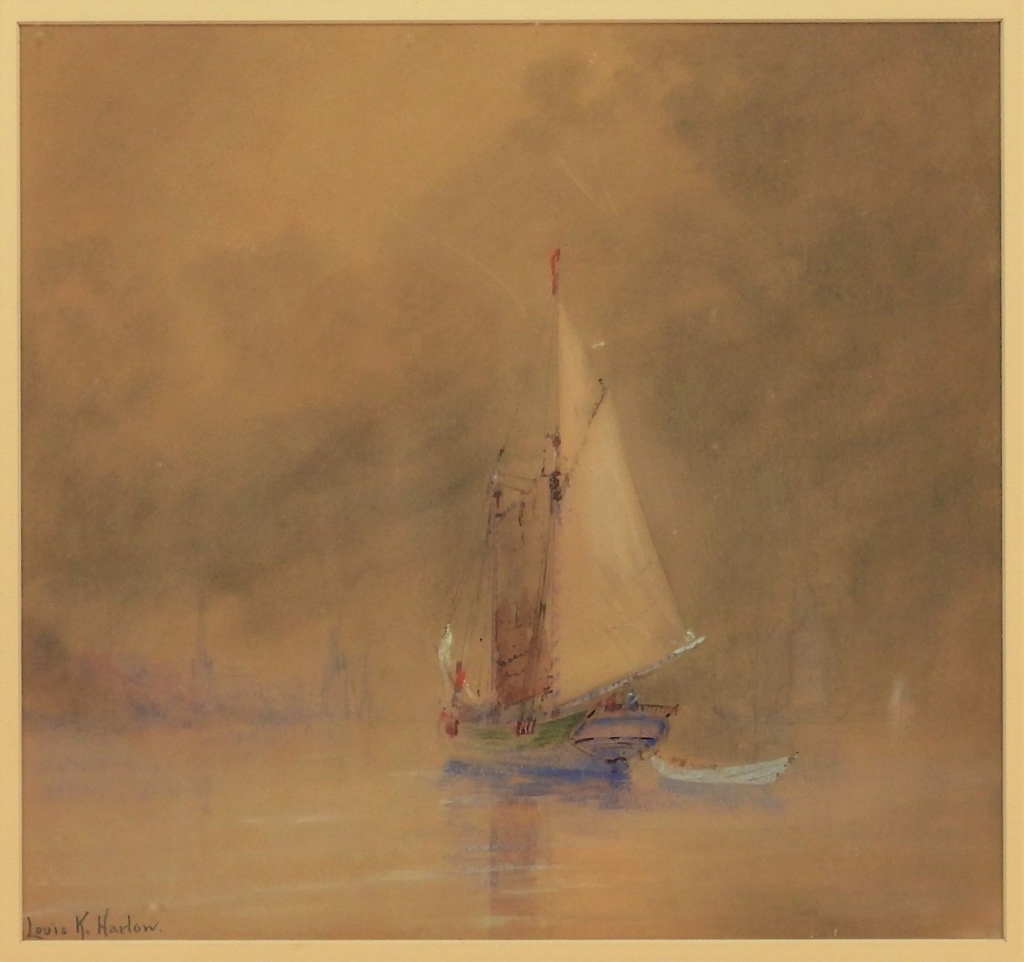 Appraisal: LOUIS K HARLOW SERENE SHIP SEASCAPE WC PAINTING Massachusetts -