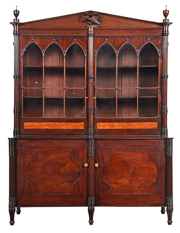 Appraisal: Impressive Flame Birch Inlaid Bookcase Cabinet attributed to Albany New