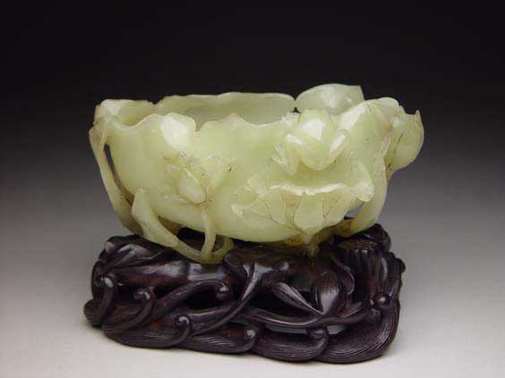 Appraisal: CARVED YELLOW JADE LOTUS BOWL Well carved Chinese yellow jade