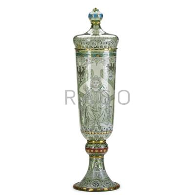 Appraisal: J L LOBMEYR Exceptional tall coupe with crown-shaped cover enamel-decorated