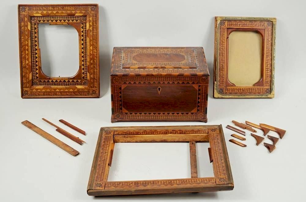 Appraisal: Inlaid POW Box and Three POW Frames An inlaid prisoner