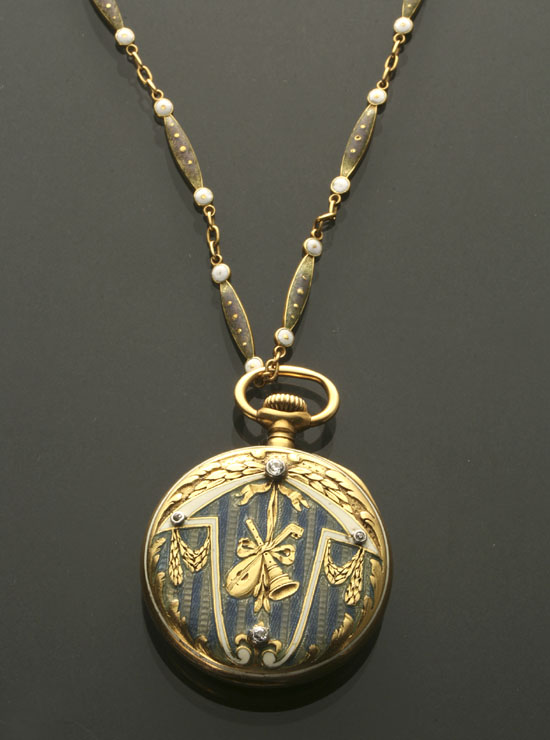 Appraisal: Lady's Edwardian -Karat Yellow-Gold Enamel and Diamond Manual-Wind Pendant Watch