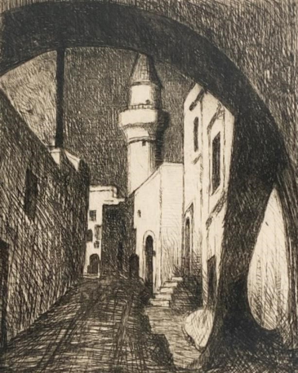 Appraisal: th century street scene etching on paper with inscription pencil