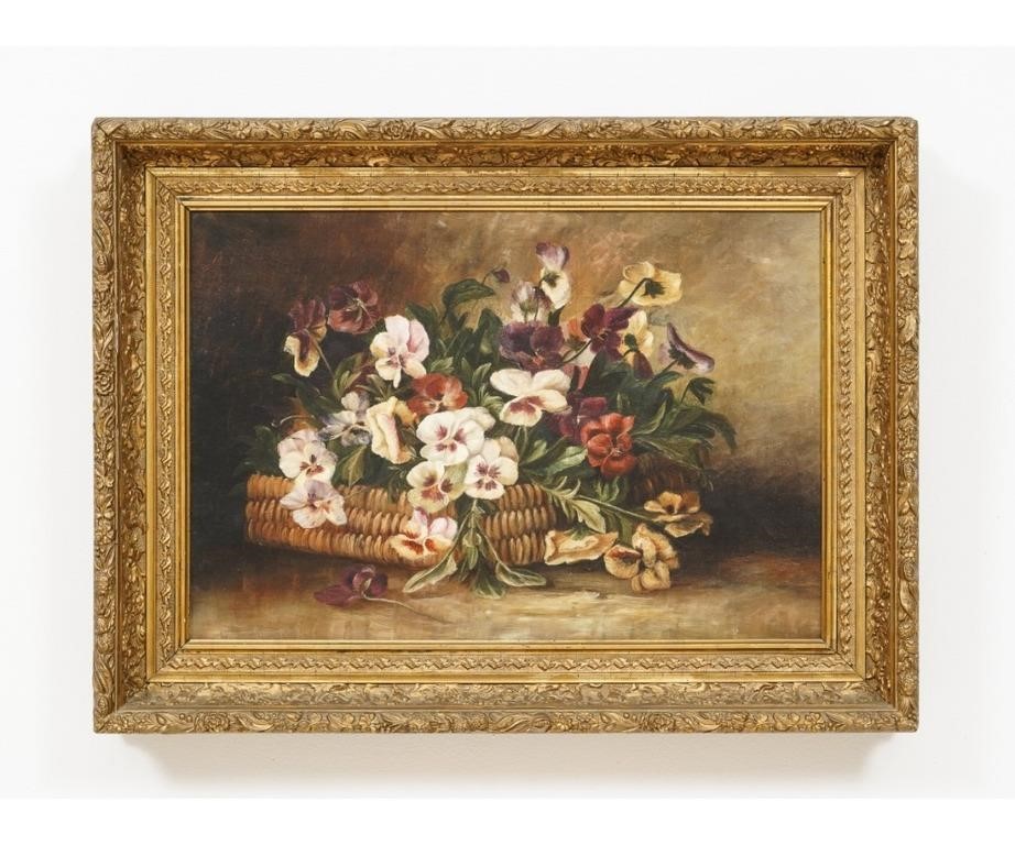 Appraisal: Victorian oil on canvas still life of pansies unsigned mounted