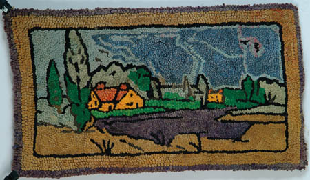 Appraisal: HOOKED RUG WITH HOUSES AND LANDSCAPE Two gold and red