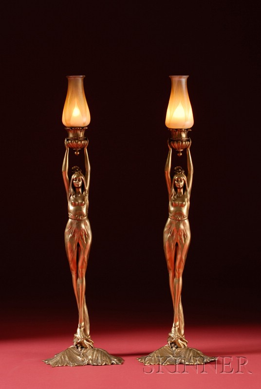 Appraisal: Pair of American Art Nouveau Cast-metal and Quezal Glass Figural