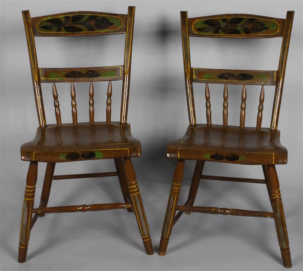 Appraisal: PAIR OF SMALL AMERICAN COUNTRY PAINTED CHAIRS having paint decorated