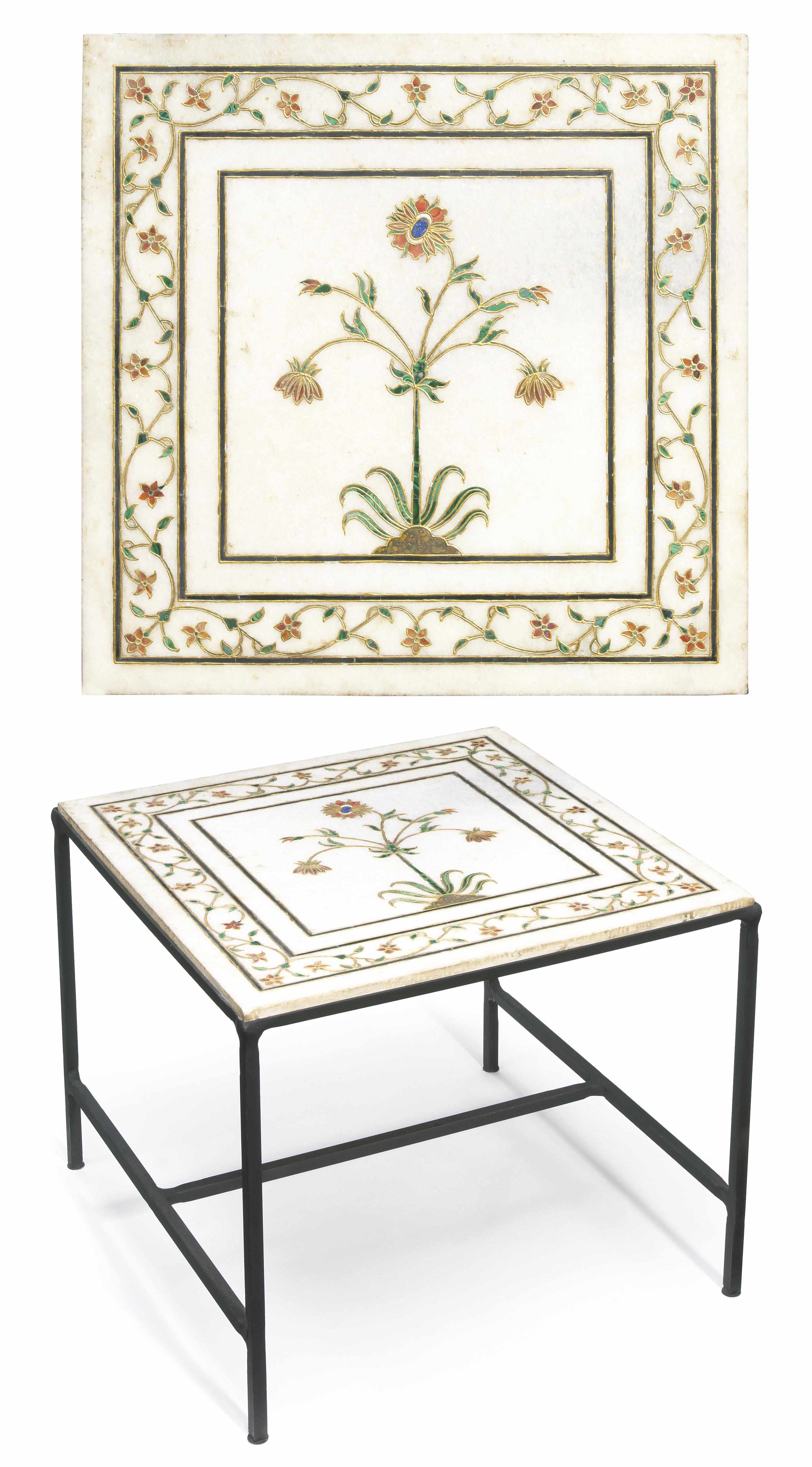 Appraisal: An Italian hardstone inlaid enameled gilded and wrought iron side