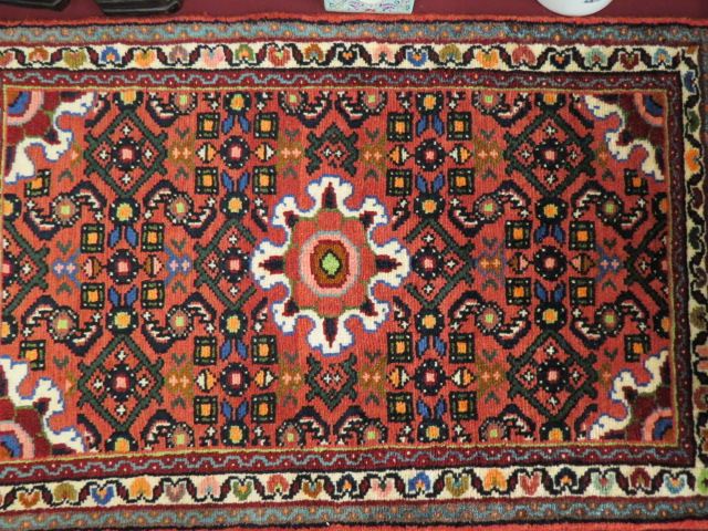 Appraisal: Hamadan Persian Handmade Mat geometric designs salmon field ' x