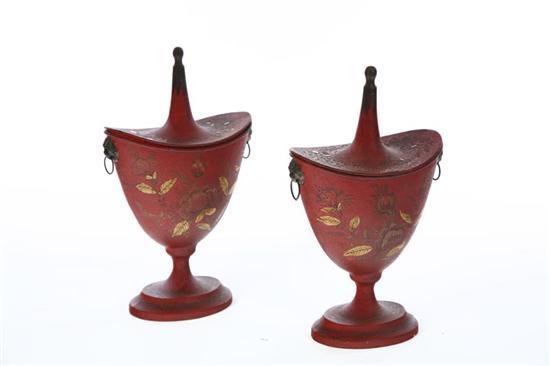 Appraisal: PAIR OF RED TOLE CHESTNUT URNS American or English late