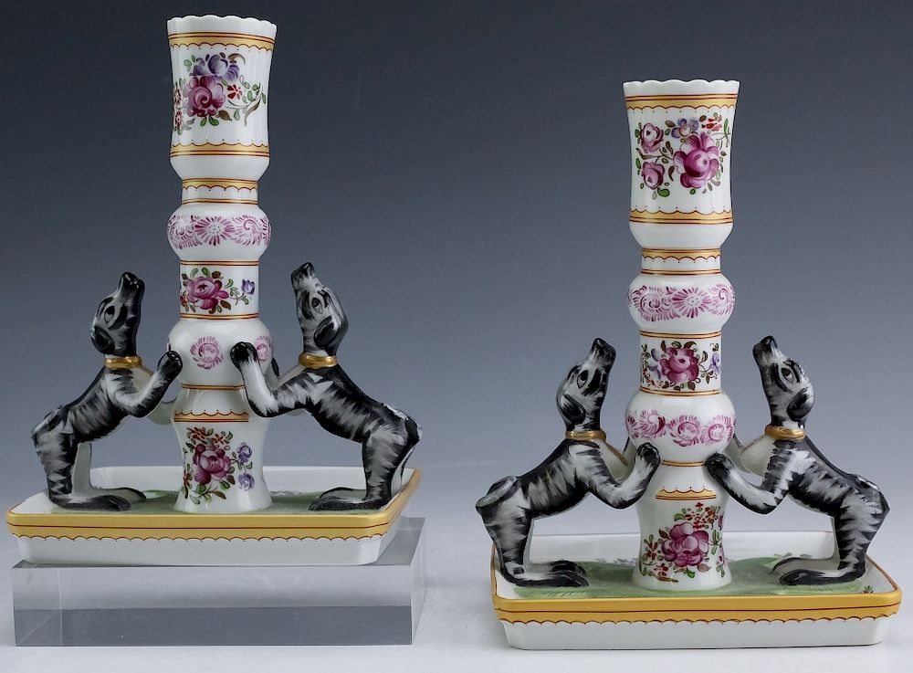 Appraisal: Pair Mottahedeh Dog Figural Porcelain Candlesticks Stately Homes Sir Humphrey