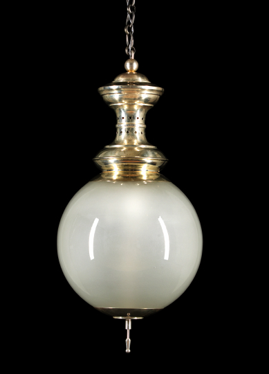 Appraisal: Large French Silverplate-Mounted Spherical Frosted Glass Pendant Light third quarter