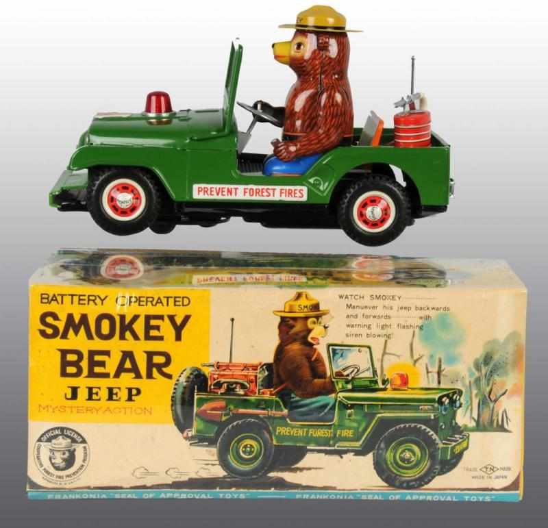 Appraisal: Tin Smokey the Bear Jeep Battery-Op Toy Description Japanese Working