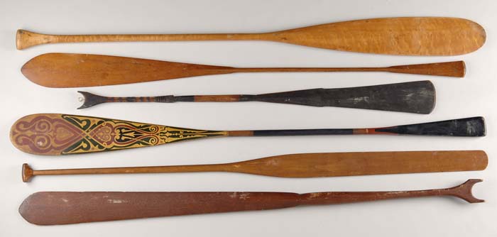 Appraisal: FINE COLLECTION OF SIX CARVED CANOE PADDLES curly and birdseye