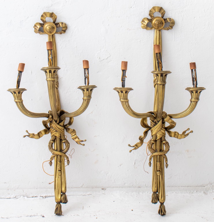 Appraisal: LOUIS XVI STYLE RIBBON-TIED THREE-LIGHT SCONCES Pair of Louis XVI