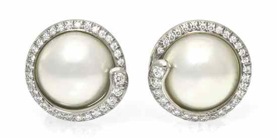 Appraisal: A Pair of Platinum Mabe Pearl and Diamond Earrings containing