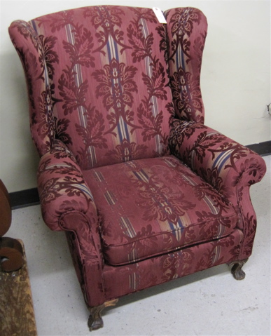 Appraisal: CHIPPENDALE STYLE WINGBACK ARMCHAIR American mid- th century with later