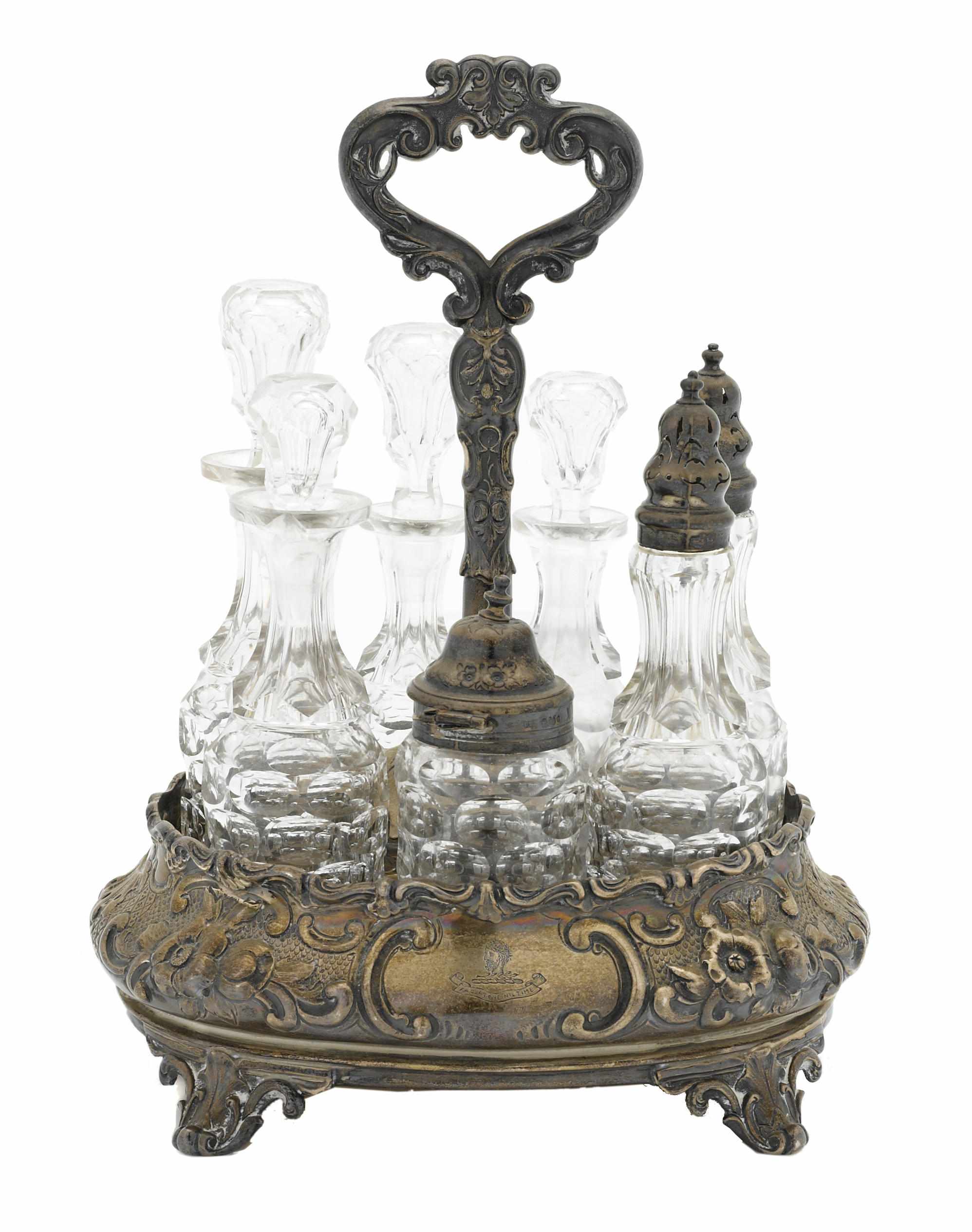 Appraisal: A Victorian sterling silver and cut glass cruet stand Thomas