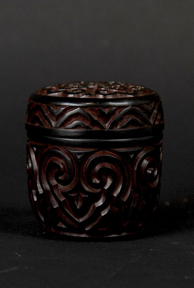 Appraisal: Carved Tixi Lacquer Tea Caddy Chinese Alternating layers of black