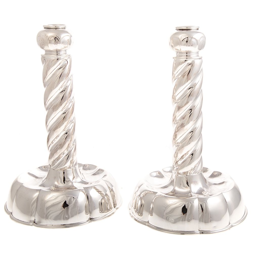 Appraisal: Pair Arts Crafts Sterling Candlesticks Stamped Tiffany Co Denmark in