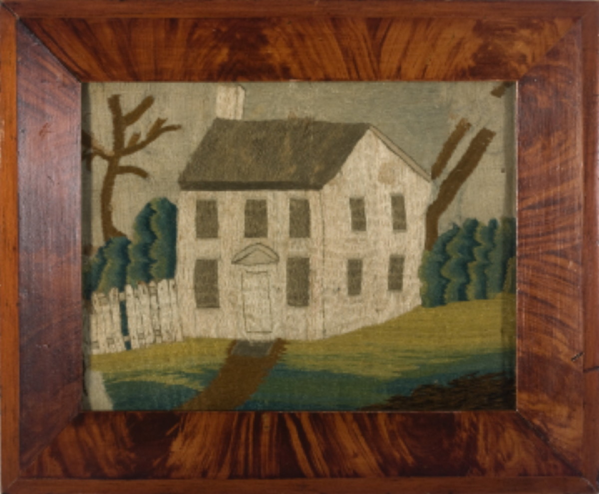 Appraisal: AMERICAN NEEDLEWORK DEPICTING A THREE BAY HOUSE WITH WHITE PICKET