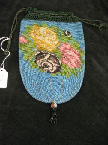 Appraisal: Vintage Beaded Purse floral on blue drawstring style x