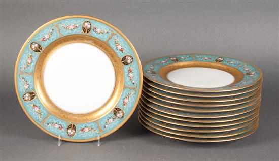 Appraisal: Set of Black Knight floral decorated parcel-gilt china dinner plates