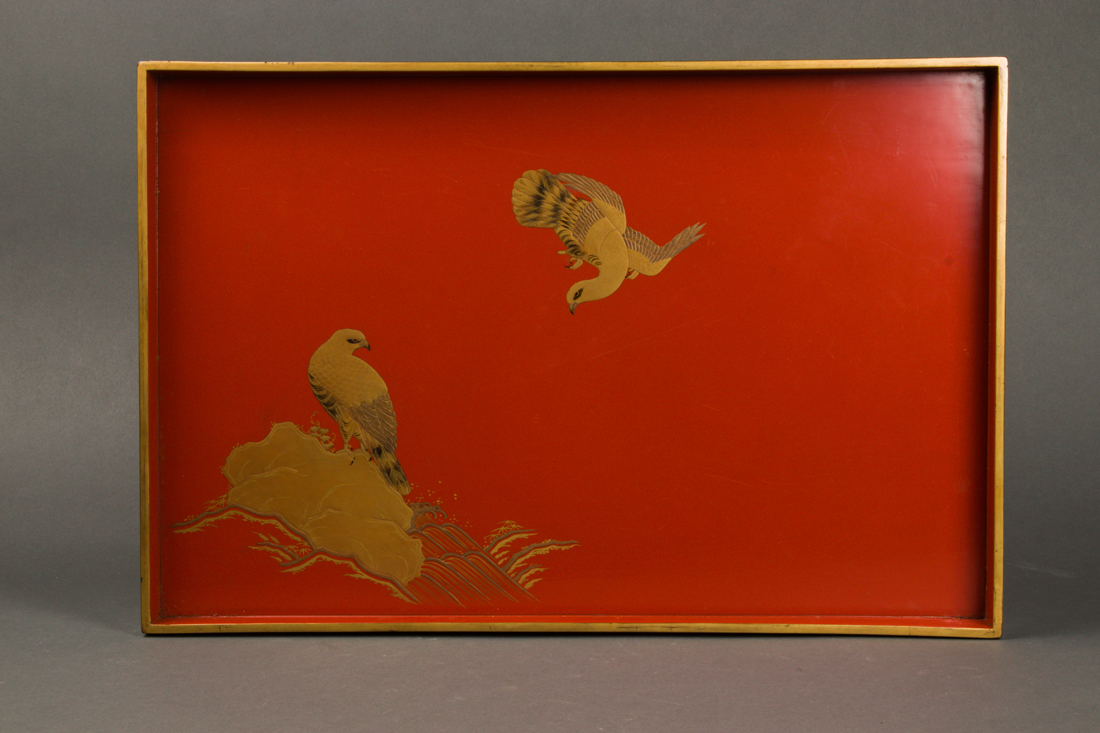 Appraisal: JAPANESE LACQUERED TRAY Japanese lacquered tray decorated with a pair