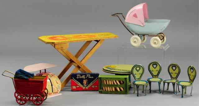 Appraisal: CHILD'S MINIATURE FURNITURE LOT Includes Wyandotte carriage and scale tin