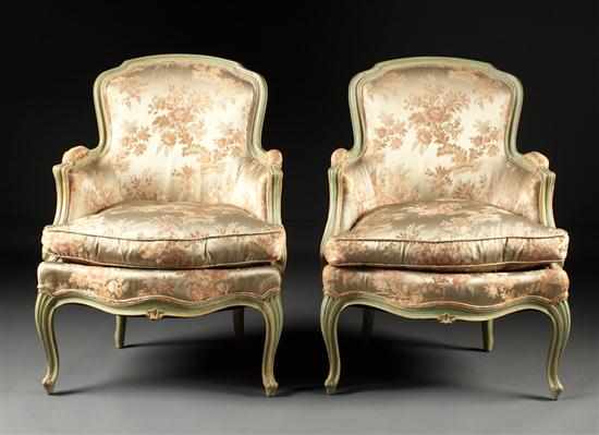 Appraisal: Pair of Louis XV style painted wood silk upholstered bergeres