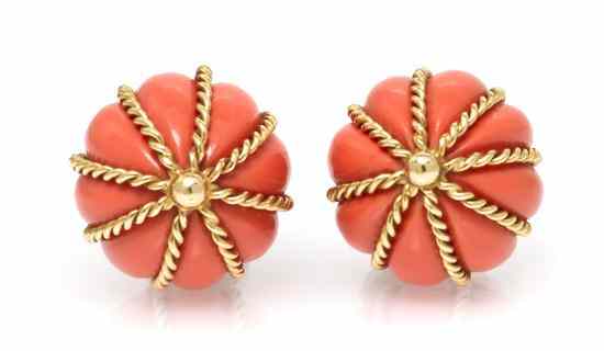 Appraisal: A Pair of Karat Yellow Gold and Coral Earclips converted