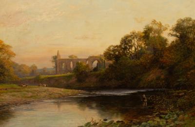 Appraisal: John Bates Noel - River Landscape with fisherman a ruined