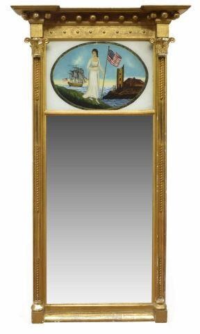 Appraisal: American Federal style c hanging trumeau mirror reverse painted upper