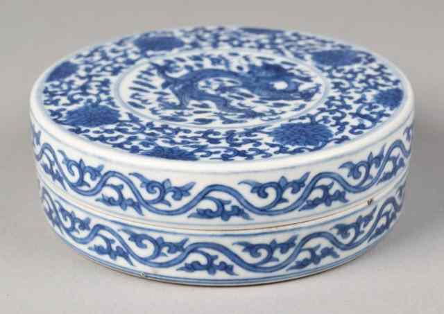 Appraisal: Chinese Blue White Porcelain Ink BoxDecorated with central dragon floral