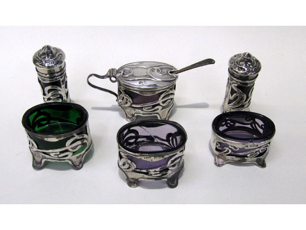 Appraisal: Lot comprising Art Nouveau five piece condiment set and a