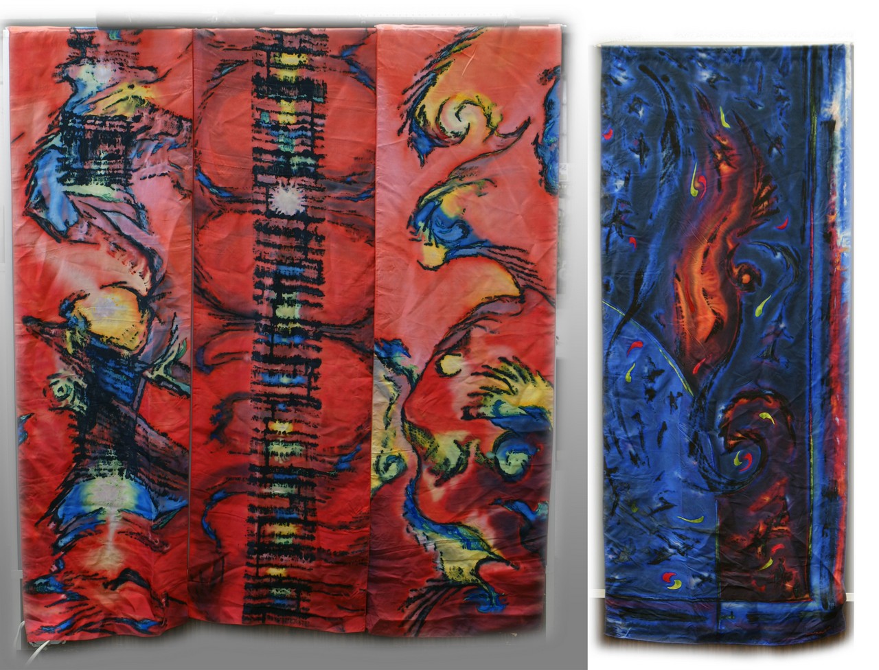 Appraisal: Juanita Yoder Kauffman HP silk wall hangings a triptych group