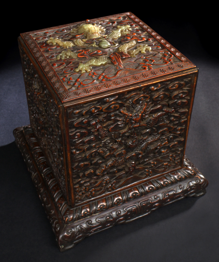 Appraisal: Striking Chinese Carved Rosewood Seal Box th century the cube-shaped