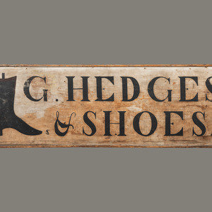 Appraisal: A Black Painted Pine Cobbler's Sign Circa inscribed G HEDGES