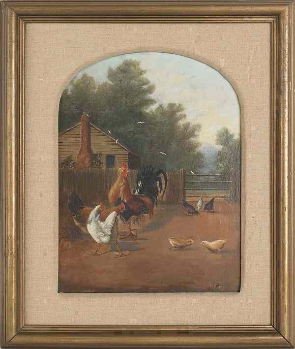 Appraisal: Oil on board farmyard scene with chickens signed lower right